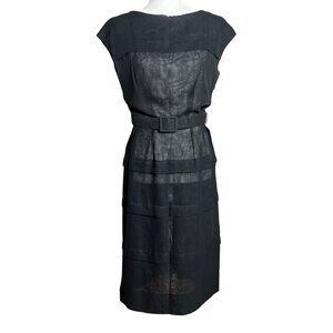 Vintage Black Dress Fitted Sheer Belt Midi Classic Cap Sleeve Pristine Womens S
